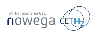 Nowega logo on the left (with tagline "Wir transportieren Gas."), GetH2 logo on the right